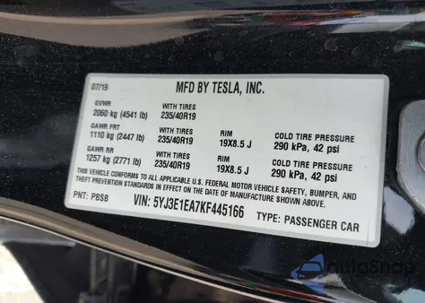 2019 Tesla Model 3 Long Range/Mid Range/Standard Range/Standard Range Plus from USA, damaged, VIN 5YJ3E1EA7KF445166